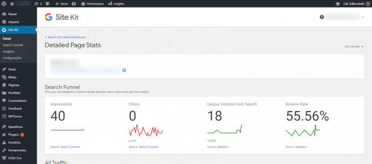Informações do Google Analytics para uma página específica