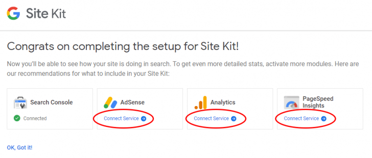 Links para conectar os serviços individualmente ao Site Kit