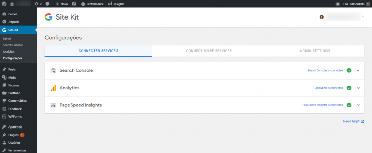 Tela de configurações do plugin Site Kit exibindo os serviços conectados