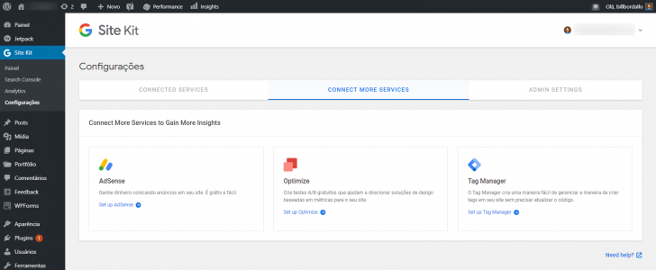 Tela de configurações do plugin exibindo serviços disponíveis para conexão