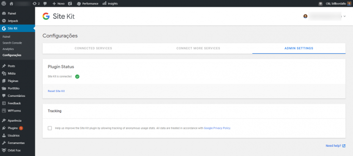 Na tela de status é possível optar por compartilhar dados de uso com os criadores do plugin