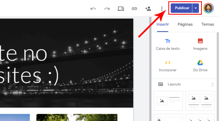 Tela de edição com o botão de publicação em destaque