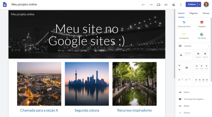Tela de edição de um site no Google Sites