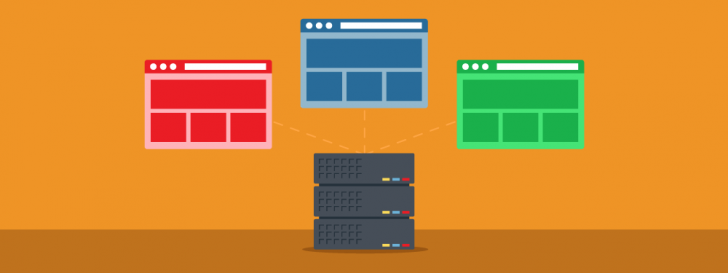 Ilustração com fundo laranja e 3 sites coloridos saindo do mesmo servidor