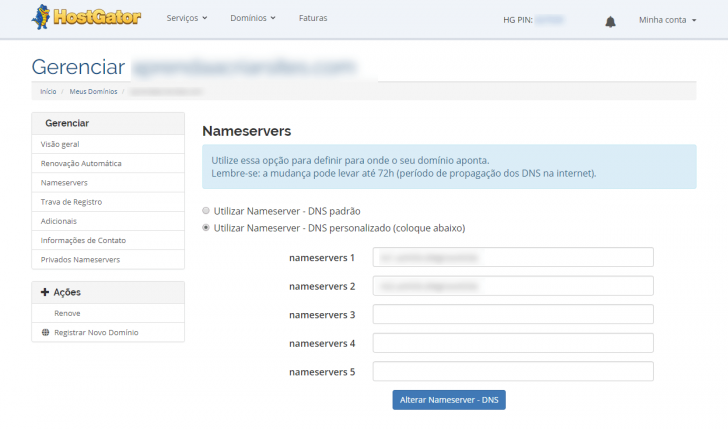 Tela de alteração dos nameservers dentro do painel do cliente da HostGator