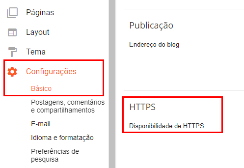 Área de configurações em destaque no menu do Blogger