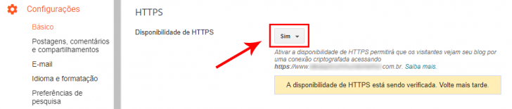 Menu para ativar a disponibilidade de HTTPS no painel do Blogger