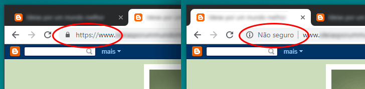 Navegador exibindo as versões HTTPS e HTTP do mesmo site.
