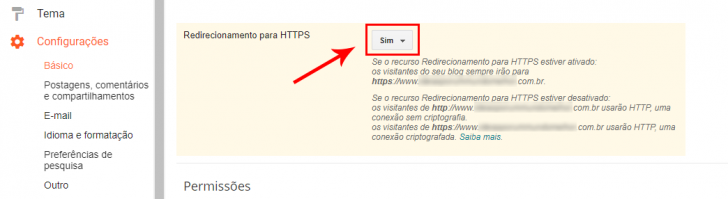Tela para ativação do redirecionamento para HTTPS, no painel do Blogger