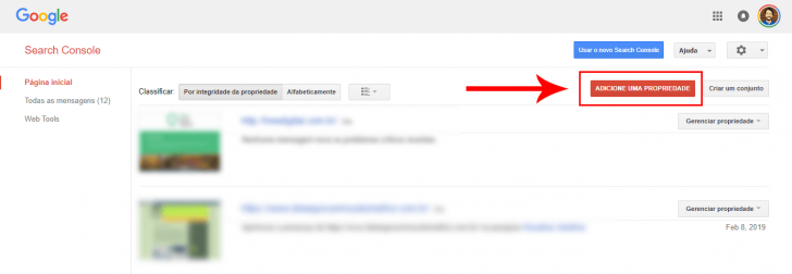 Tela para adicionar um novo site no Google Search Console