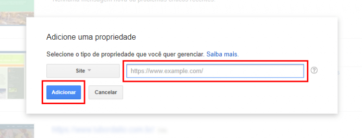 Campo para informar o site no Google Search Console
