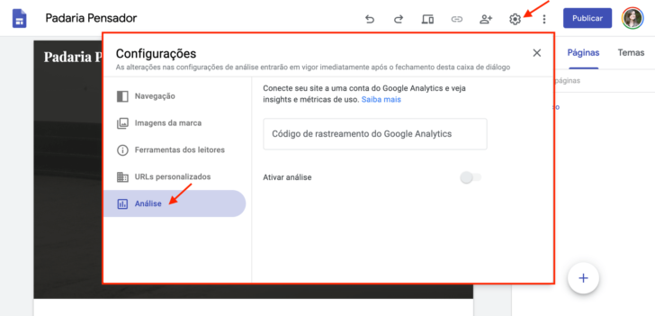 Janela de inserção do código do Google Analytics no Google Sites