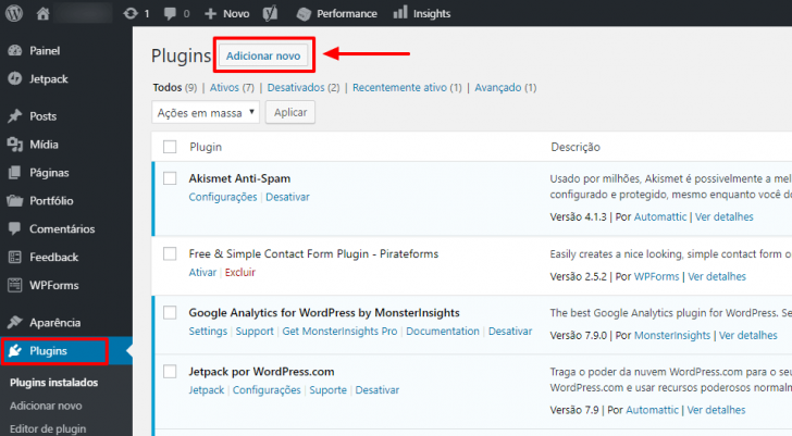 Área de gerenciamento de plugins no painel do WordPress