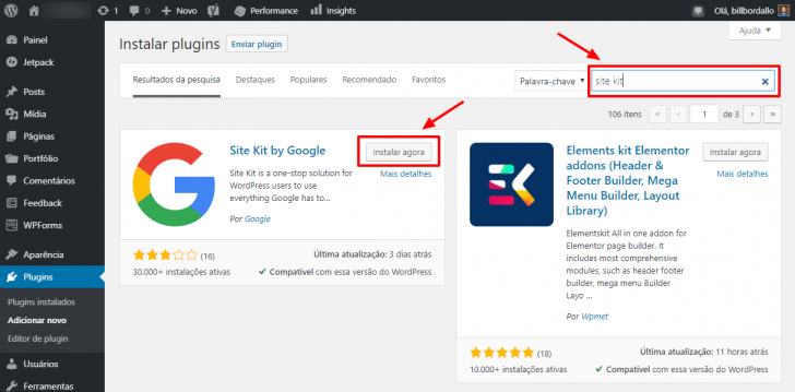 Resultado da busca na área de plugins do WordPress