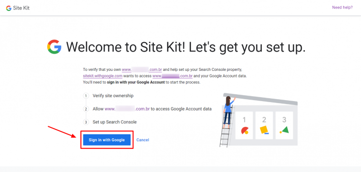 Tela inicial para configuração dos serviços do Site Kit