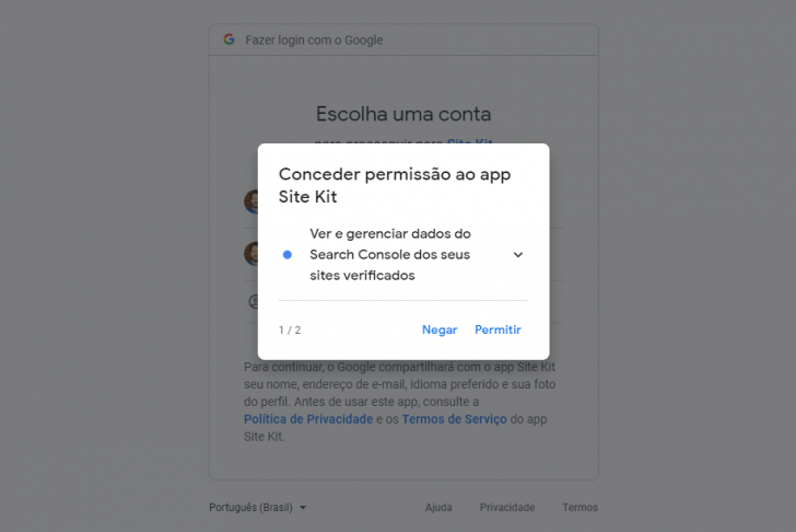 Janela para permissão de acesso aos dados do Search Console pelo plugin