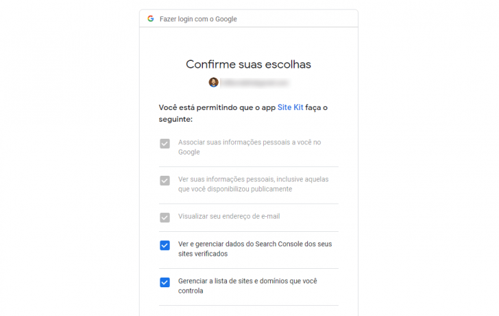 Resumos das permissões concedidas para o plugin Site Kit