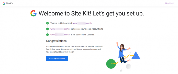 Tela de conclusão da configuração inicial do Site Kit
