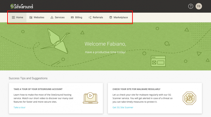Menu do novo painel da SiteGround