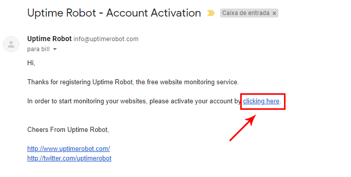 E-mail para ativação do cadastro no UptimeRobot