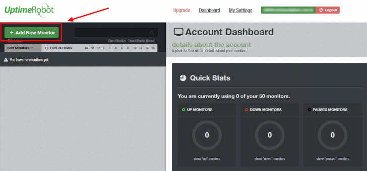 Página inicial do painel de monitoramento, sem nenhum monitoramento ativo.