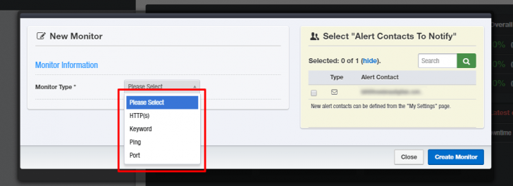 Caixa de seleção para a escolha do tipo de monitoramento
