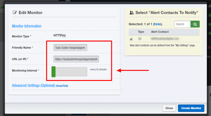 Janela de configuração do monitor de uptime