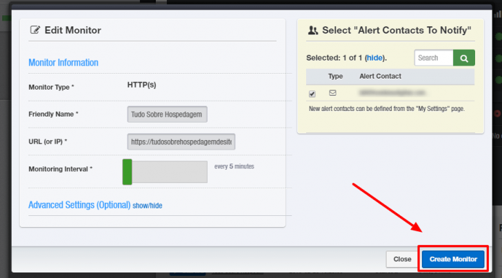 Tela para criação e configuração do monitoramento destacando o botão para criação do monitoramento.