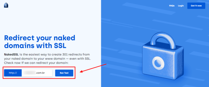 Página inicial do serviço Naked SSL, com a caixa para inserção do domínio em destaque