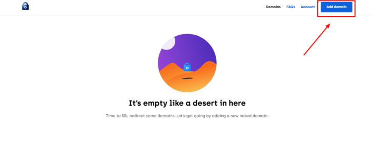 Tela do painel do Naked SSL, como botão para adicionar domínio em destaque