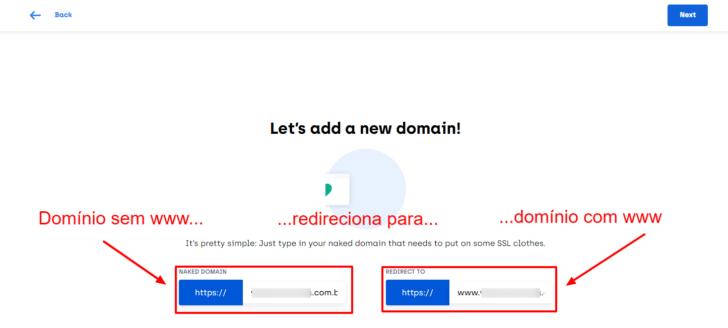 Tela para informar o domínio que será redirecionado