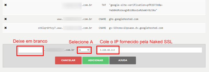 Inserção da entrada do tipo A para configuração do redirecionamento fornecido pela Naked SSL