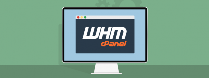 Tela de computador com os logotipos WHM cPanel ao centro.