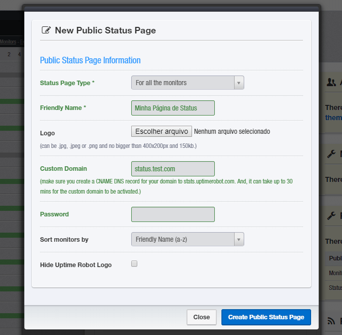 Tela para configuração da página de status