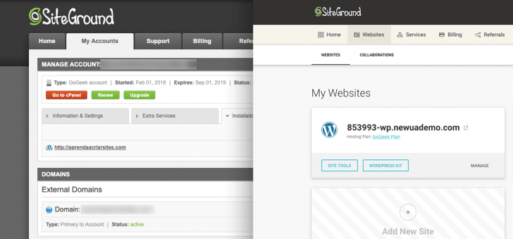 Painel antigo, com botão para acessar o cPanel, e o novo, organizado por site