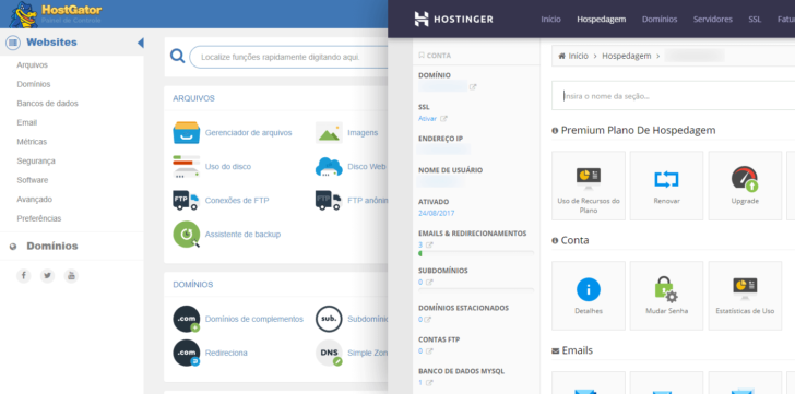 Painéis de controle da hospedagem na HostGator (cPanel) e na Hostinger (próprio)