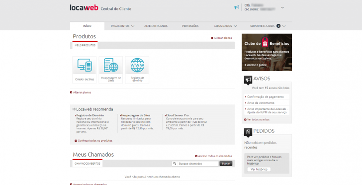 Painel de controle da hospedagem Locaweb