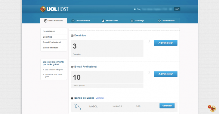 Painel de controle da hospedagem UOL Host