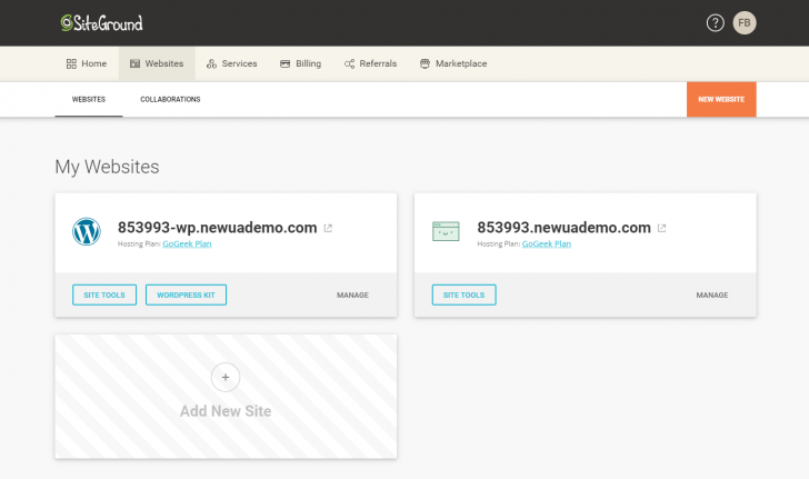Seção de websites no novo painel da SiteGround