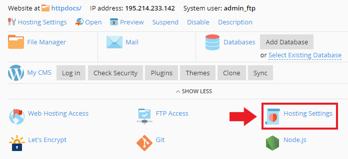 Área de alteração da versão do PHP no painel Plesk Onyx
