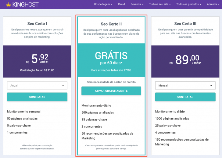 Planos SEO Certo - Imagem: site KingHost