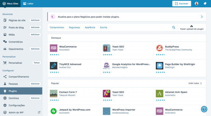Página de plugins de WordPress.com