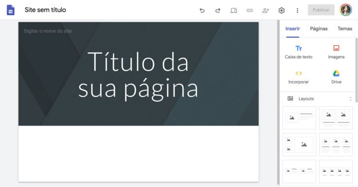 Modelo em branco utilizado para criar um site no Google Sites