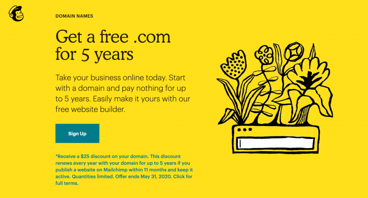 Página promocional de domínios da Mailchimp