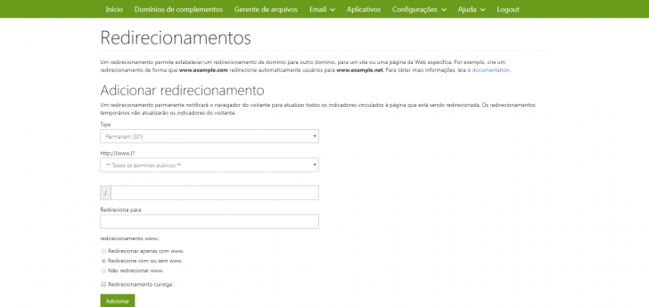 Redirecionamento via cPanel na GoDaddy