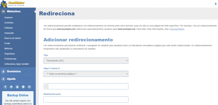 Redirecionamento no painel HostGator