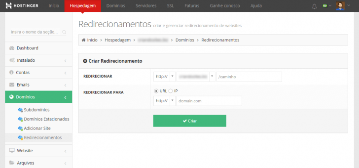 Redirecionamento no painel da Hostinger