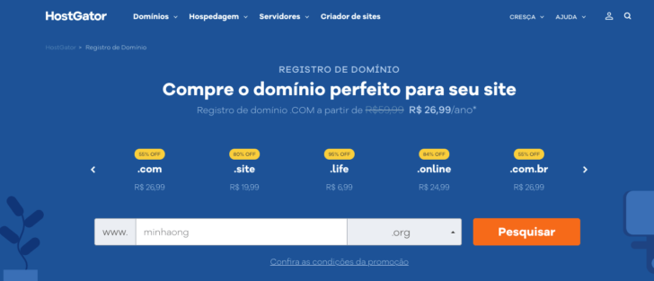 Página de registro de domínios no site da HostGator