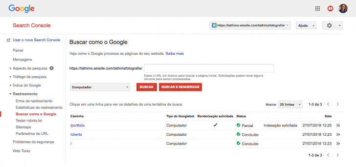 Insira a página que deseja indexar e clique em "buscar e renderizar"