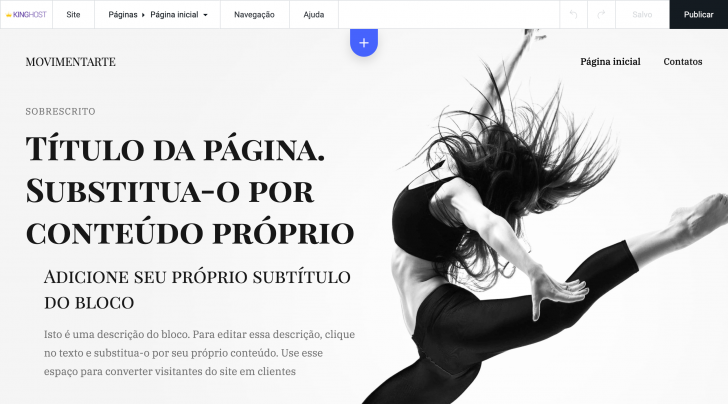 Editor com modelo de site - Fonte: Criador de sites KingHost
